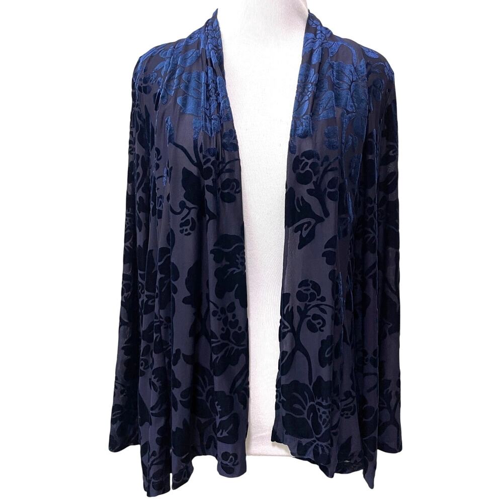 Burnout Velvet Open Front Cardigan Womens 2 Blue Black Whimisgoth Floral Sheer